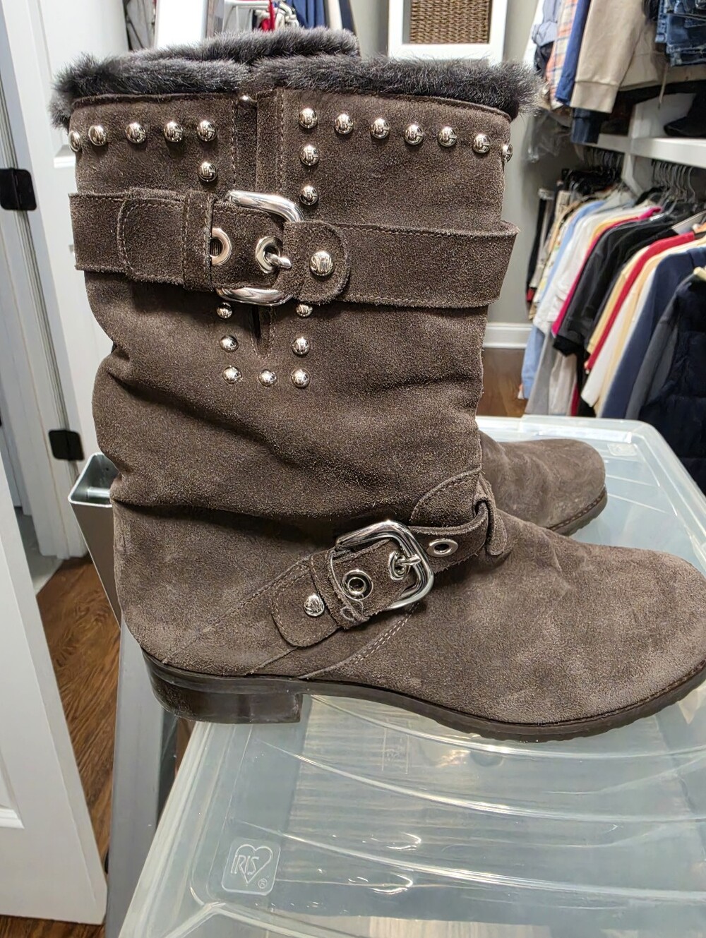 Stuart Weitzman Dark Brown Suede Studded Mid-Calf Buckle Boots